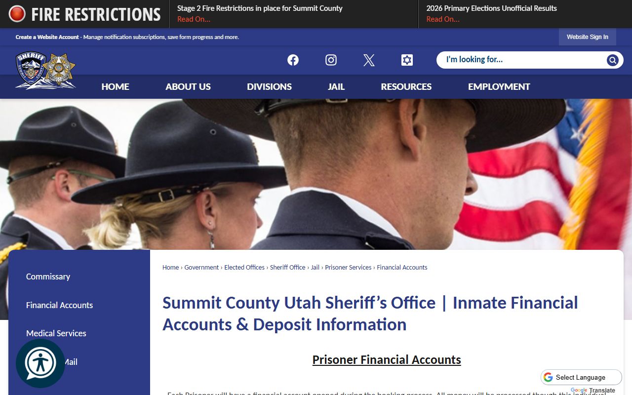 Summit County Jail commissary deposit and financial account options