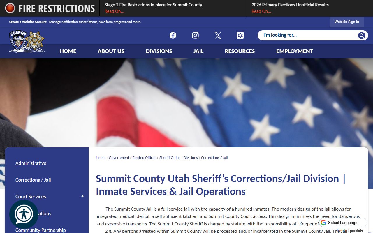 Summit County Corrections Jail page for inmate population and jail capacity