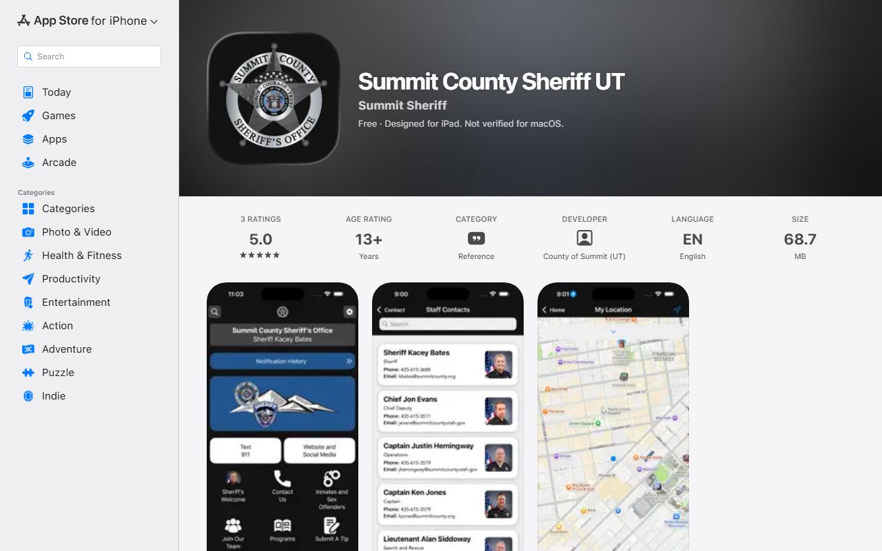 Summit County Sheriff app listing for jail roster and booking photo access context